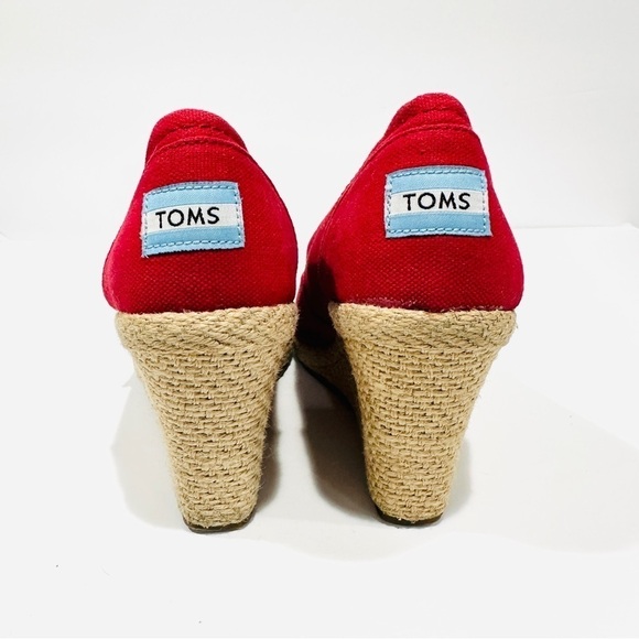 TOMS Classic Red Canvas Wedge Espadrille Peep Toe Shoes Sandals - Picture 5 of 9